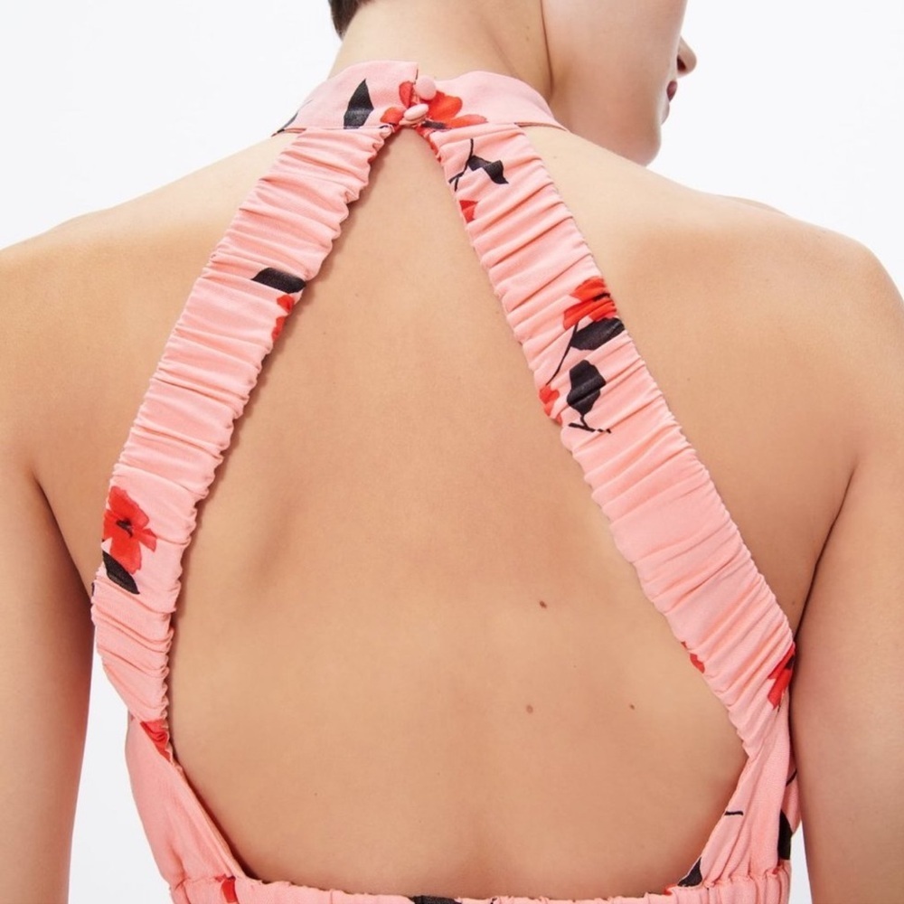Zara Pink Poppy Floral Halter Crop Top Linen Blend Summer Vacation Backless - Picture 4 of 8